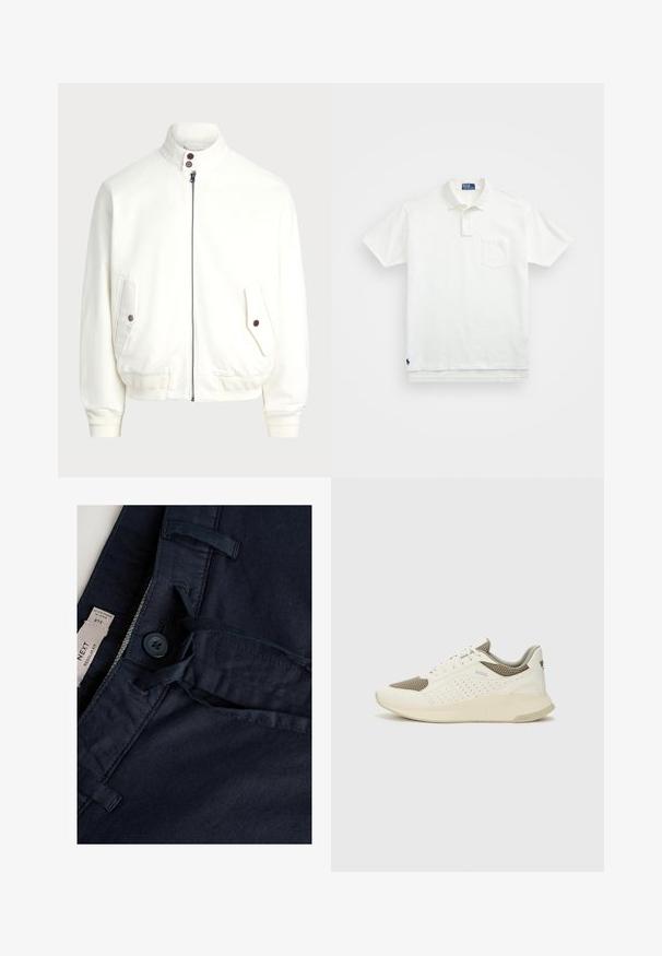 Vit zip-up jacka med hög krage, två framfickor med knäppning, ribbade muddar och nederkant, samt slät tygkänsla.; Vit polo skjorta i bomull med en klassisk krage, treknapps placket och en bröstficka på vänster sida; liten logga vid fållen.; Marinblå byxor med en slät textur, utrustade med knappstängning, dragsko och etikett. Stygn detaljer på midjebandet.; Vit och ljusbeige atletisk sneaker med ett meshöverdrag, perforerade detaljer och en texturerad mellansula med varumärke på hälen.