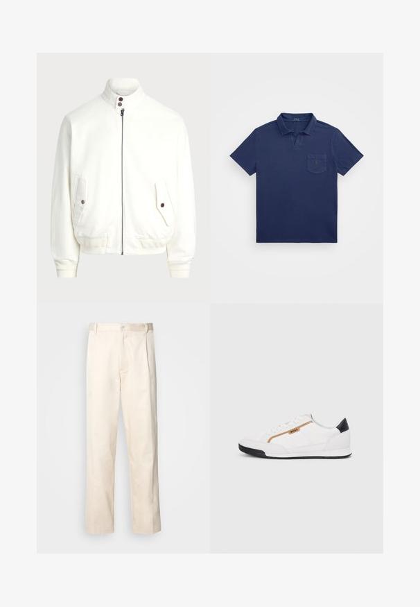 Bela jakna na zip z visokim ovratnikom, dvema sprednjima žepoma s gumbom, ribanimi manšetami in robom ter gladko teksturo tkanine.; Temno modra polo majica z kratkim ovratnikom, žepom na prsih in vezenim logotipom. Narejena iz mehkega, teksturiranega materiala.; Bež cottone hlače s ravnim krojem, ki imajo gumbasto zapiranje in nabore spredaj za dodatne detajle.; Bele športne čevlje z mrežnimi in usnjenimi detajli. Opremljeni so z zlatim logotipom "BOSS", teksturiranimi stranskimi paneli in črnim kapcom na peti. Guma podplat.