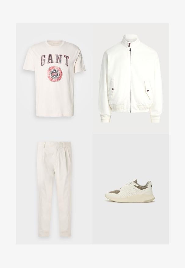 White zip-up jacket with a high collar, two front pockets with button closures, ribbed cuffs and hem, and smooth fabric texture.; Cream cotton t-shirt with short sleeves. Features bold red and blue "GANT" text and a circular logo graphic with "founded in 1949."; White, pleated trousers with a tailored fit, featuring a smooth texture, belt loops, and tapered legs. No visible pockets or patterns.; White and light beige athletic sneaker, featuring a mesh upper, perforated detailing, and a textured midsole with branding on the heel.