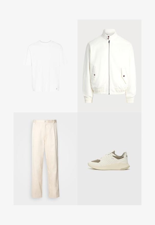 Fehér cipzáras dzseki magas gallérral, két elülső zseb gombos záródással, bordás mandzsetták és alsó rész, valamint sima szövettextúra.; Fehér, rövid ujjú póló puha pamut keverékből. Kerek nyakkal rendelkezik, és egy diszkrét logó található az alsó szegélyén. Egyenes szabású és laza illeszkedésű.; Beige pamut nadrág egyenes szárú kivágással, gombos záródással és elülső redőkkel a részletek fokozása érdekében.; Fehér és világos bézs sportcipő, légies hálós felsőrésszel, perforált részletekkel és texturált középtalppal, amelyen a saroknál a márka logója található.