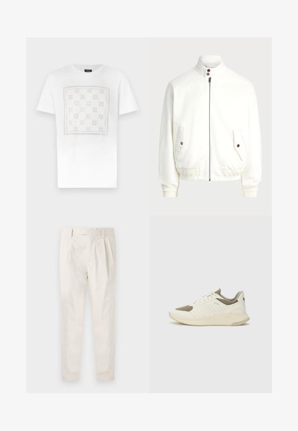 Valge kergelt suletav jakk kõrge kraega, kaks esipakki nupuklippidega, soonikkoes varrukad ja alläär, ning sile kangas.; Valge puuvillane T-särk, millel on suur, peen ruuduline muster heledates beežides toonides, ümarate kujundite ja aktsentidega, viimistletud ümmarguse kaelusega.; Valged volditud püksid, mis on kohandatud sobivusega, sujuva tekstuuriga, vööloopidega ja kitsenevate jalgadega. Pole nähtavaid taskuid ega mustreid.; Valge ja heledat beeži värvi spordijalats, millel on õhuke võrkmaterjal, perforatsioonidega detailid ning tekstuuriga vahetald, millel on brändi logo kannaosas.