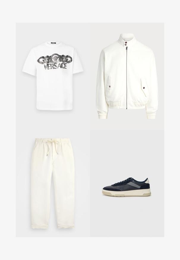 Hvid zip-up jakke med høj krave, to frontlommer med knaplukninger, ribbede manchetter og kant samt en glat stoftekstur.; Hvid bomulds t-shirt med et metallic kæde-design og et rundt emblem med en løve, der tydeligt viser "VERSACE" logoet.; Lys cremefarvede, afslappede bukser lavet af blødt stof. Har en elastisk talje med snor og en tætsiddende ben-design.; BOSS BALTIMORE - Sneakers - open blue
