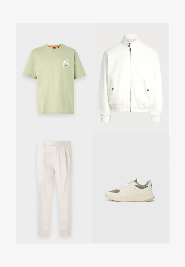 Biela bundová šnurovacia bunda s vysokým golierom, dvoma prednými vreckami so zapínaním na gombíky, rebrovanými manžetami a spodným okrajom a hladkým textúrou látky.; Svetlozelené bavlnené tričko s okrúhlym výstrihom, krátkymi rukávmi a bielym logom potlačeným na náprsnom vrecku. Hladká textúra a uvoľnený strih.; Biele plisované nohavice s prispôsobeným strihom, s hladkou textúrou, pútkami na opasok a zúženými nohavicami. Žiadne viditeľné vrecká ani vzory.; Biele a svetlo béžové športové tenisky s hornou časťou z mriežkového materiálu, perforovanými detailmi a textúrovanou medzipodrážkou s logom na päte.