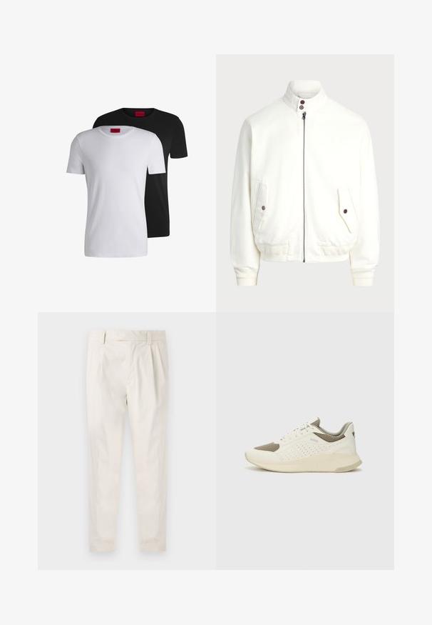 Valge kergelt suletav jakk kõrge kraega, kaks esipakki nupuklippidega, soonikkoes varrukad ja alläär, ning sile kangas.; Kaks puuvillast T-särki, üks valge ja üks must, lühikeste varrukatega ja ümmarguste kaeluste ning kaeluses selgelt nähtava punase sildiga.; Valged volditud püksid, mis on kohandatud sobivusega, sujuva tekstuuriga, vööloopidega ja kitsenevate jalgadega. Pole nähtavaid taskuid ega mustreid.; Valge ja heledat beeži värvi spordijalats, millel on õhuke võrkmaterjal, perforatsioonidega detailid ning tekstuuriga vahetald, millel on brändi logo kannaosas.