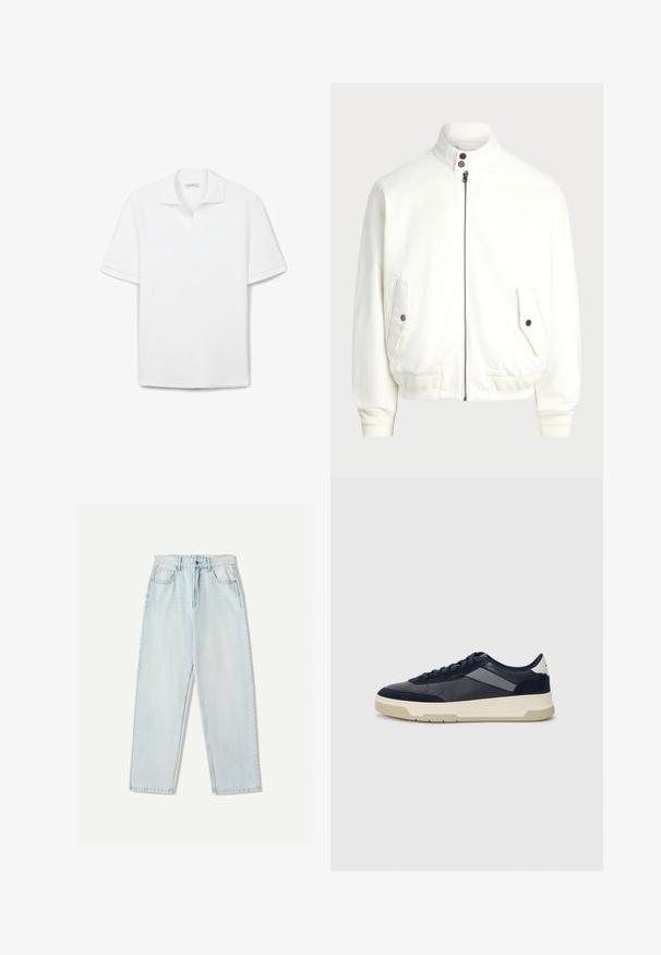 Giacca bianca con zip e colletto alto, due tasche frontali con bottone, polsini e orlo a coste, e tessuto morbido.; Polo bianco realizzato in cotone testurizzato, con colletto classico, maniche corte e orlo dritto. Design semplice, senza motivi.; Jeans in denim azzurro chiaro con una vestibilità comoda, design a gamba dritta, stile a cinque tasche e leggere sfumature sul tessuto.; BOSS BALTIMORE - Sneakers basse - open blue