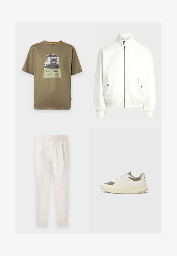 Balta jakas ar rāvējslēdzēju un augstu apkakli, divām priekšējām kabatām ar pogu aizdari, ribotām rokām un apakšmalu, kā arī gludu auduma tekstūru.; Zaļš kokvilnas t-krekls ar īsām piedurknēm, ar grafisku attēlu, kurā attēlots transports un uz kvadrātveida plāksnītes ir teksts "VISUREIŽA".; Baltas, pleitēts bikses ar piegriezumu, kas pielāgots figūrai, ar gludu tekstūru, jostas cilpām un sašaurinātiem galiem. Nav redzamu kabatu vai rakstu.; Baltas un gaiši bež sporta apavi, ar sieta augšdaļu, perforētiem detaļām un teksturētu vidusdaļu ar zīmolu uz papēža.