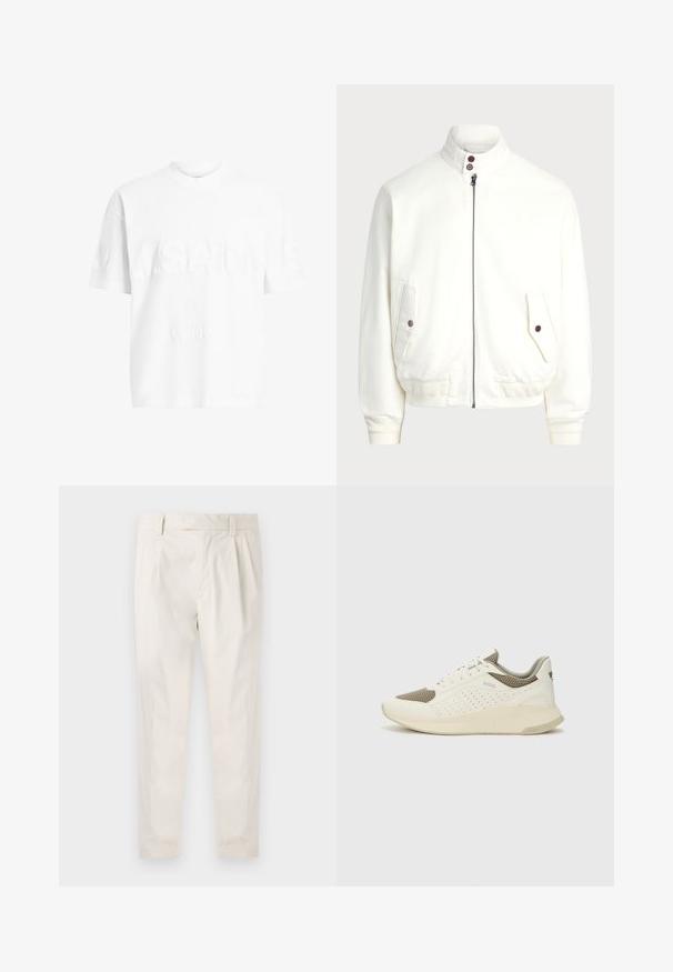 Valkoinen vetoketjullinen takki korkealla kauluksella, kaksi nappikiinnityksellä varustettua etutaskua, ribbikuvioiset hihansuut ja helma, sekä sileä kangastunne.; Valkoinen puuvillainen t-paita, jossa on lyhyet hihat ja pyöreä kaulus. Edessä on tekstuurilla varustettu brändäys "A.SAINTS" ja "LONDON" hienovaraisella kohotetulla tyylillä.; Valkoiset, laskostetut housut, joissa on räätälöity istuvuus. Housut ovat sileäpintaiset, niissä on vyölenkit ja kapenevat lahkeet. Ei näkyviä taskuja tai kuvioita.; Valkoinen ja vaaleanbeige urheilukengät, joissa on verkkomateriaali yläosa, rei'itettyjä yksityiskohtia ja teksturoitu välipohja, jossa on brändäys kantapäässä.