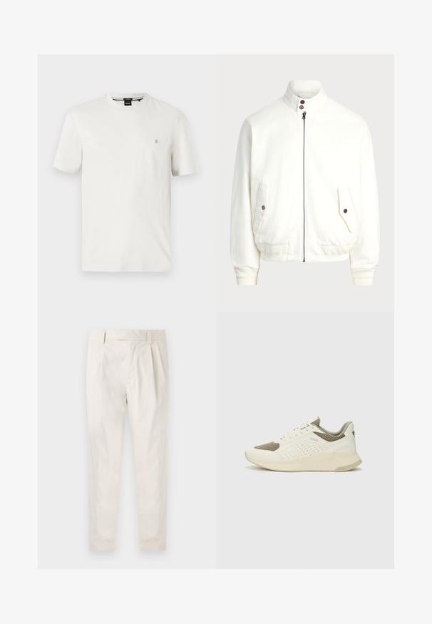 Casaco branco com fecho zip até ao pescoço, colarinho alto, duas bolsas frontais com fechos de botão, punhos e bainha canelados, e textura de tecido suave.; T-shirt de algodão branco com decote redondo, mangas curtas e um pequeno emblema no lado esquerdo do peito. Textura suave, corte regular.; Calças brancas pregueadas com um corte ajustado, apresentando uma textura suave, passantes de cinto e pernas afuniladas. Sem bolsos visíveis ou padrões.; Sapatilha atlética branca e bege claro, com parte superior em malha, detalhes perfurados e uma entressola texturizada com marcação no calcanhar.