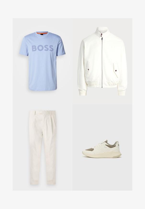 Valge kergelt suletav jakk kõrge kraega, kaks esipakki nupuklippidega, soonikkoes varrukad ja alläär, ning sile kangas.; Heled sinine puuvillane T-särk, millel on ümmargune kaelus ja lühikesed varrukad, esitleb silmapaistvalt sõna "BOSS" tugevalt tumelilla täheke.; Valged volditud püksid, mis on kohandatud sobivusega, sujuva tekstuuriga, vööloopidega ja kitsenevate jalgadega. Pole nähtavaid taskuid ega mustreid.; Valge ja heledat beeži värvi spordijalats, millel on õhuke võrkmaterjal, perforatsioonidega detailid ning tekstuuriga vahetald, millel on brändi logo kannaosas.