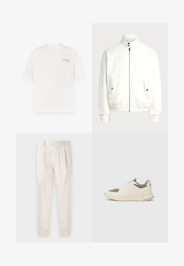 White zip-up jacket with a high collar, two front pockets with button closures, ribbed cuffs and hem, and smooth fabric texture.; White cotton t-shirt with a round neck, short sleeves, and a red logo on the left chest, featuring a smooth texture and relaxed fit.; White, pleated trousers with a tailored fit, featuring a smooth texture, belt loops, and tapered legs. No visible pockets or patterns.; White and light beige athletic sneaker, featuring a mesh upper, perforated detailing, and a textured midsole with branding on the heel.