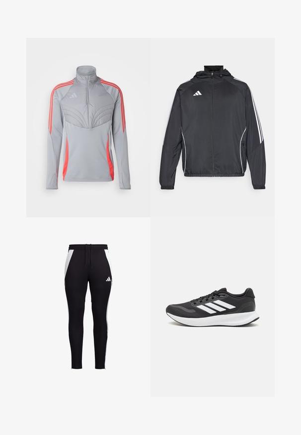 Černá sportovní bunda s kapucí, s bílými pruhy podél rukávů a s předním zipem. Vyrobena z hladkého, lehkého materiálu.; Šedá sportovní bunda s vysokým límcem, texturovaným panelem na hrudi a oranžovými pruhy na ramenou a po stranách. Lehký materiál.; Černé sportovní kalhoty se bílými bočními panely, slim fit, elastický pas se šňůrkou a malé bílé logo na levé dolní noze.; Černá sportovní obuv s prodyšným síťovaným svrškem, bílými akcenty a polstrovanou podrážkou. Na boku se nachází logo se třemi pruhy.