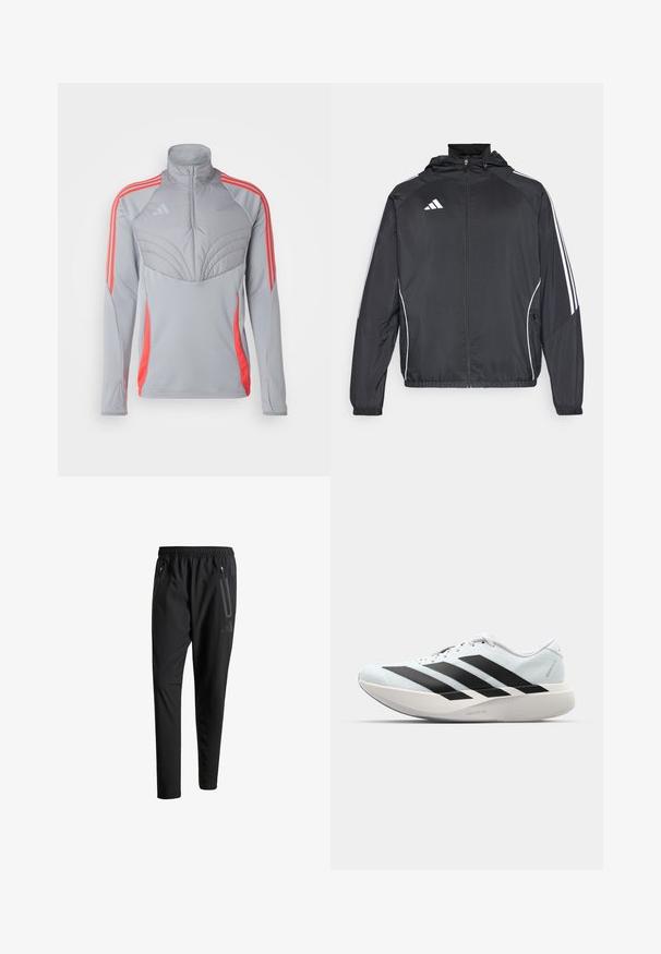 Juodas sportinis džemperis su kapišonu, turintis baltas juosteles palei rankoves ir užtrauktuką priekyje. Pagamintas iš lygaus, lengvo audinio.; Pilkos spalvos sportinė striukė su aukštu apykaklė, tekstūruota krūtinės plokštė ir oranžinėmis juostelėmis palei pečius ir šonus. Lengvas medžiaga.; Juodi sportiniai šortai su elastiniu juosmeniu, dviem užtrauktukais šoniniais kišenėmis, siaurėjančiomis kojomis ir subtiliu logotipo detaliu ant klubo.; Lengvi bėgimo batai šviesiai mėlynos spalvos su juodomis juostelėmis. Yra lygus viršus, apvalus pirštas ir storas baltas vidpadis su užrašu "LIGHTSTRIKE PRO."