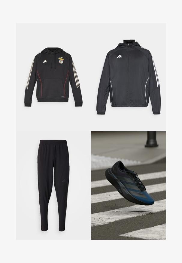 Black athletic jacket with a hood, featuring white stripes along the sleeves and a zippered front. Made from a smooth, lightweight fabric.; Black Adidas hoodie with a front pocket, red accents, and three beige stripes on each sleeve. Features a Benfica logo and drawstring hood.; Black athletic pants with an elastic waistband, tapered design, side pockets, and subtle logo detail. Made from flexible, breathable fabric.; Black and blue athletic shoe with a streamlined design, featuring a textured upper, contrasting stripes, and a cushioned sole, hovering over pavement.