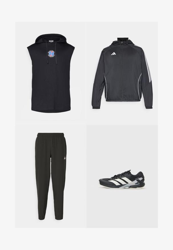Μαύρο αθλητικό μπουφάν με κουκούλα, με λευκές ρίγες κατά μήκος των μανικιών και κλείσιμο με φερμουάρ μπροστά. Κατασκευασμένο από μαλακό, ελαφρύ ύφασμα.; Μαύρη αμάνικη φούτερ φτιαγμένη από βαμβάκι, με λογότυπο μπροστά που έχει σχεδιασμό καλαθοσφαίρισης σε κόκκινο και μπλε χρώμα και κορδόνια στην κουκούλα.; Μαύρο αθλητικό παντελόνι με ελαστική μέση, στενή εφαρμογή και λευκό λογότυπο στο αριστερό πόδι. Λειτουργικό, ελαφρύ ύφασμα.; Μαύρο αθλητικό παπούτσι με άσπρες ρίγες, διχτυωτό πάνω μέρος, στρογγυλή μύτη και μαλακή σόλα. Διαθέτει υφή στη φτέρνα και ασφαλές σύστημα κορδονιών.