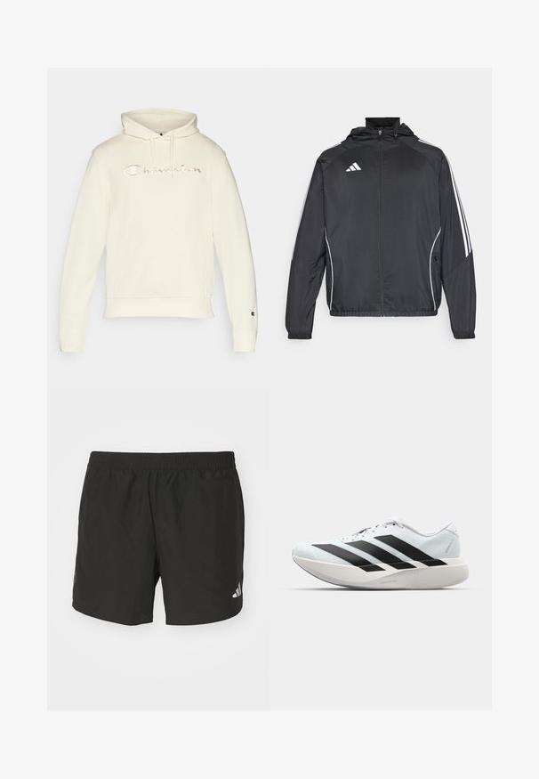 Black athletic jacket with a hood, featuring white stripes along the sleeves and a zippered front. Made from a smooth, lightweight fabric.; Cream-colored hoodie with a front kangaroo pocket, drawstring hood, and embroidered "Champion" logo in cursive across the chest.; Black athletic shorts with an elastic waistband, side slits, and reflective logo accents. Made of lightweight, smooth fabric.; Lightweight running shoes in pale blue with black stripes. Features a smooth upper, round toe, and thick white midsole labeled "LIGHTSTRIKE PRO."