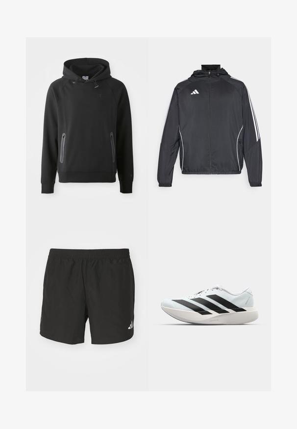 Must värvi sportlik jakk kapuutsiga, millel on valged triibud varrukatel ja lukuga esiosa. Valmistatud siledast, kergest kangast.; Musternõttu must kapuutsiga sweatshirt, millel on tasku ja mis on valmistatud pehmest materjalist. Omab tõmblukke ja logo rinnal. Pika varrukaga, millel on mansetid.; Mustad mustus treeningpükstest elastse vöökoha, külgrihmade ja peegeldavate logo elementidega. Valmistatud kergest ja siledast kangast.; Kerged jooksujalatsid helesinises värvuses mustade triipudega. Omavad siledat pealispinda, ümarat varvase osa ja paksu valget vahemõõtu, millel on silt "LIGHTSTRIKE PRO".