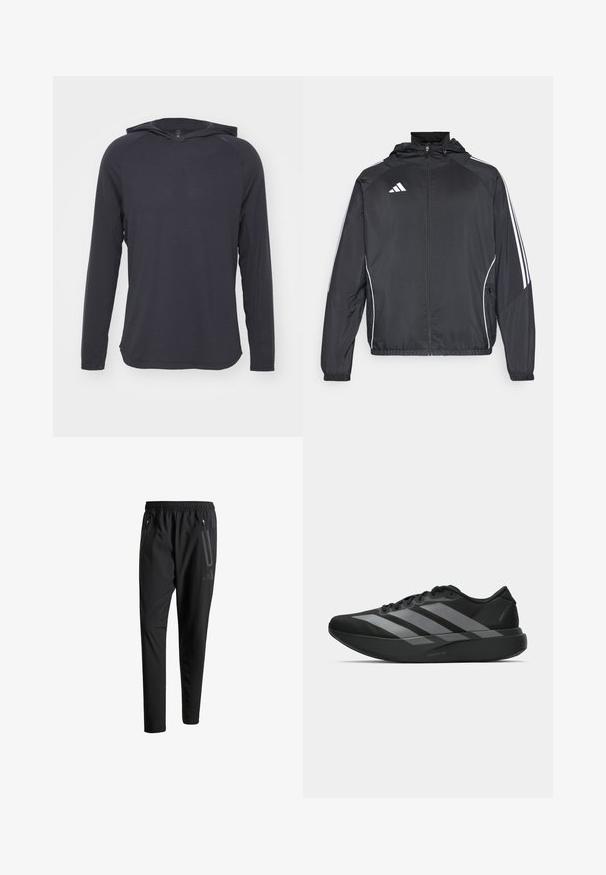 Jachetă sport neagră cu glugă, decorată cu dungi albe pe mâneci și cu fermoar în față. Fabricată dintr-un material neted și ușor.; Cămașă cu mâneci lungi și glugă, de culoare gri închis, fabricată dintr-un material ușor, cu o textură netedă și un subtil model de ribbing orizontal.; Pantaloni atletici negri cu talie elastică, două buzunare laterale cu fermoar, picioare conice și un detaliu logo discret pe șold.; Pantofi sport negri cu un design ușor, prezentând trei dungi gri proeminente, o textură netedă și o talpă conturată.