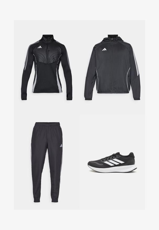 Fekete sportos dzseki kapucnival, fehér csíkokkal az ujjak mentén és cipzáras elülső résszel. Simább, könnyű anyagból készült.; Fekete sportpulóver cipzáras gallérral, steppelt felső résszel, szürke oldalcsíkokkal és hüvelyklyukakkal az ujjakban a jobb fogás érdekében.; Fekete sportnadrág elasztikus derékkal, oldalán fehér csíkokkal és egy apró logóval a csípőn. Sima textúra.; Fekete sportcipő légáteresztő hálós felsőrésszel, fehér kiegészítőkkel és párnázott talppal. Az oldalon három csíkkal ellátott logó található.