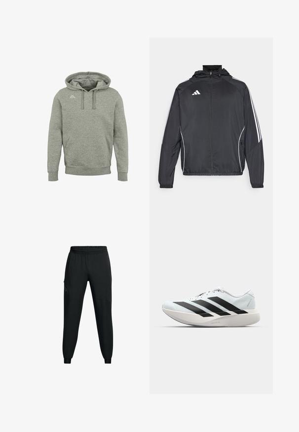 Musta urheilu takki hupulla, jossa on valkoiset raidat hihoissa ja vetoketjuzulu etupuolella. Valmistettu sileästä, kevyestä kankaasta.; Kappa CUNEO - Huppari - grey md melange; Mustat urheiluhousut, joissa on joustava vyötärö, kapeneva lahjesuunnittelu, sivutaskut ja kontrastiväriset paneelit. Kevyt, sileä kangas.; Kevyt juoksukengät vaaleansinisinä mustilla raidoilla. Ominaisuuksiin kuuluu sileä pinta, pyöreä kärki ja paksu valkoinen välipohja, joka on merkitty "LIGHTSTRIKE PRO".