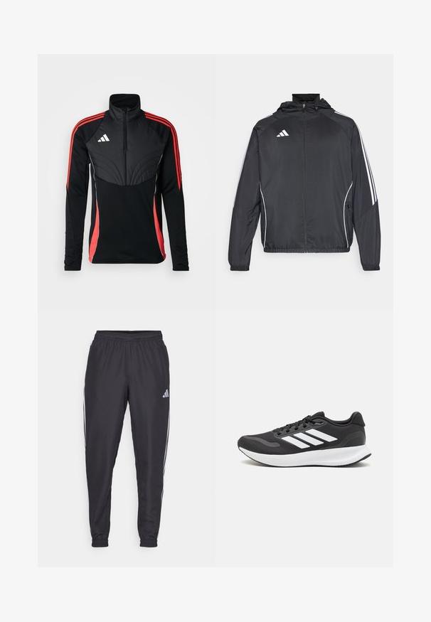 Chaqueta atlética negra con capucha, con rayas blancas a lo largo de las mangas y un cierre frontal con cremallera. Hecha de un tejido suave y ligero.; adidas Performance TIRO24 WINTERIZED - Sudadera - black/shock red; Pantalones deportivos negros con cinturilla elástica, que presentan franjas blancas a lo largo de los lados y un pequeño logo en la cadera. Textura suave.; Zapatilla deportiva negra con parte superior de malla transpirable, acentos en blanco y una suela acolchada. Presenta el logo de tres rayas en el costado.