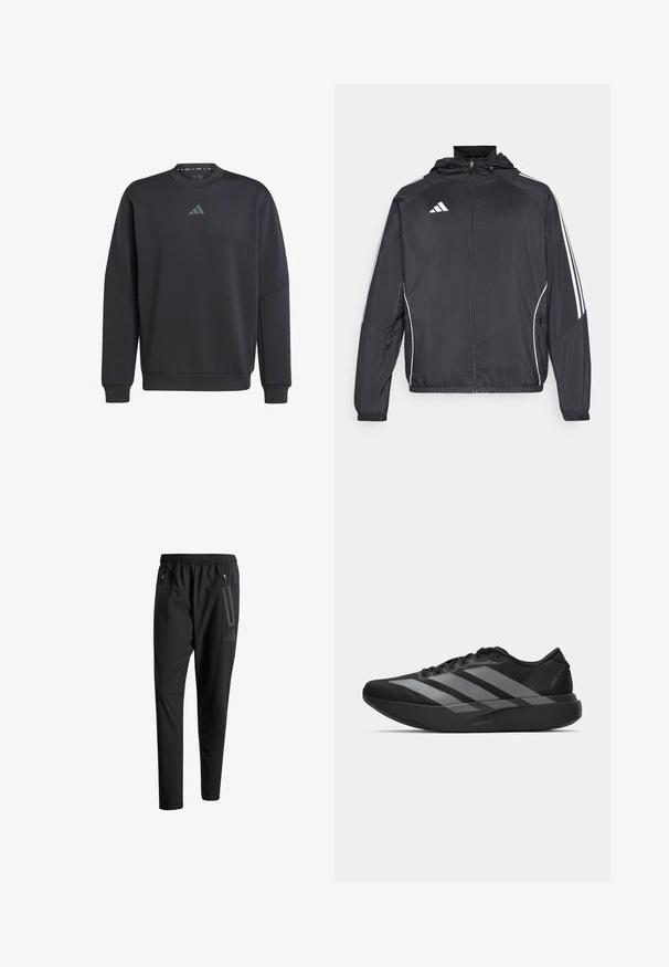 Crna atletska jakna s kapuljačom, s bijelim prugama duž rukava i zatvaranjem na zip. Izrađena od glatkog, laganog materijala.; Crna dukserica izrađena od mekog materijala, s okruglim izrezom, rebrastim rukavima i diskretnim Adidas logotipom u tamnosivoj boji na prsima.; Crne atletske hlače s elastičnim pojasom, dva bočna džepa sa zatvaračem, suženi nogavici i diskretnim logotipom na kuku.; Crne atletske tenisice s laganim dizajnom, koje imaju tri istaknute sive pruge, glatku teksturu i oblikovanu pogodnu potplat.