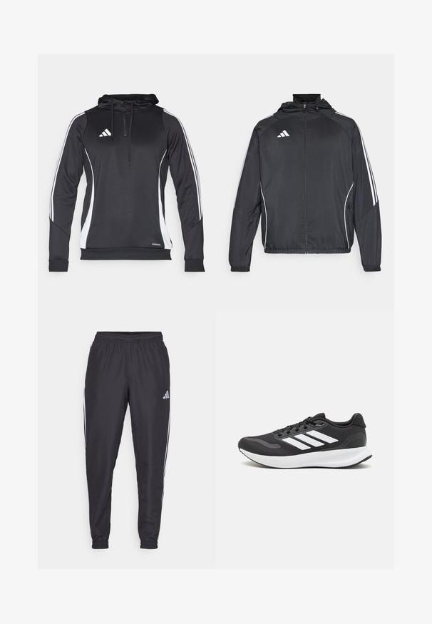 Fekete sportos dzseki kapucnival, fehér csíkokkal az ujjak mentén és cipzáras elülső résszel. Simább, könnyű anyagból készült.; Fekete sportos kapucnis pulóver fehér oldalsó akcentussal, cipzáras gallérral, hosszú ujjal, és az Adidas logóval a mellkasán. Könnyű anyagból készült.; Fekete sportnadrág elasztikus derékkal, oldalán fehér csíkokkal és egy apró logóval a csípőn. Sima textúra.; Fekete sportcipő légáteresztő hálós felsőrésszel, fehér kiegészítőkkel és párnázott talppal. Az oldalon három csíkkal ellátott logó található.
