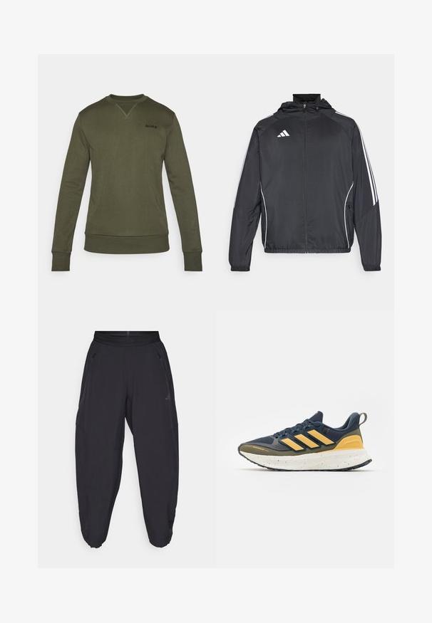 Fekete sportos dzseki kapucnival, fehér csíkokkal az ujjak mentén és cipzáras elülső résszel. Simább, könnyű anyagból készült.; Olive zöld pulóver puha anyagból. Kerek nyakkivágással, hosszú ujjal, bordás mandzsettával rendelkezik, és egy kis fekete logó található a mellkasán.; Fekete sportnadrág, rugalmas derékkal, cipzáros oldalzsebekkel, szűkített lábakkal és diszkrét logóval a jobb combon.; Sötétkék sportcipő sárga részletekkel, texturált felsőrésszel, párnázott talppal és pettyezett középtalppal. Vízlepergető anyag.
