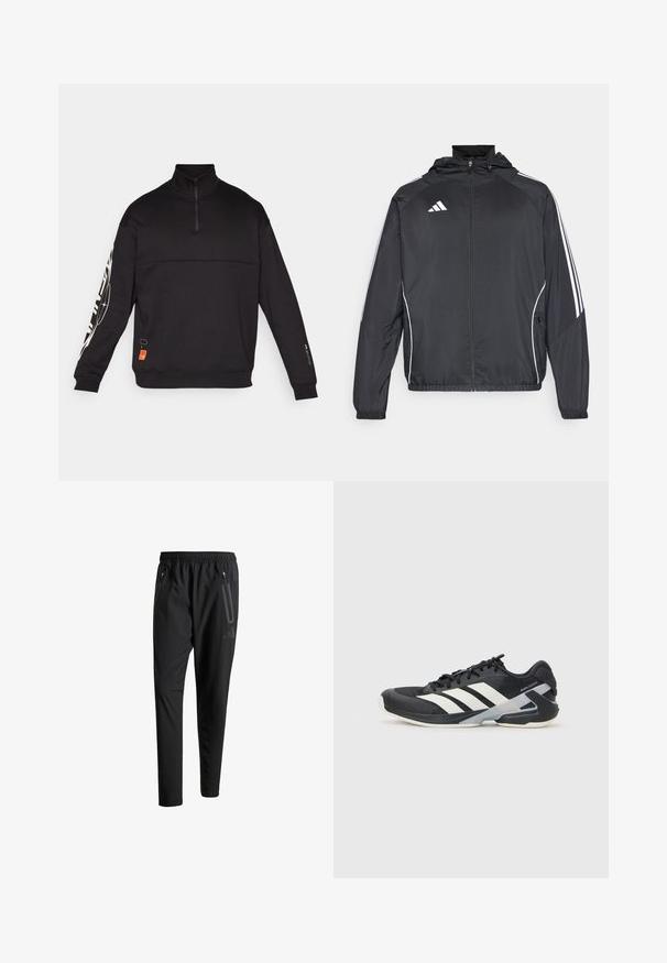 Juodas sportinis džemperis su kapišonu, turintis baltas juosteles palei rankoves ir užtrauktuką priekyje. Pagamintas iš lygaus, lengvo audinio.; Juodas megztinis su aukštu apykakle, pusiau užtrauktuku ir ilgomis rankovėmis. Yra tekstūruotų panelių ir baltų grafinių dizainų ant rankovės.; Juodi sportiniai šortai su elastiniu juosmeniu, dviem užtrauktukais šoniniais kišenėmis, siaurėjančiomis kojomis ir subtiliu logotipo detaliu ant klubo.; Juoda sportinė avalynė su baltais dryžiais, tinklinis viršus, apvalus pirštas ir paminkštinta padais. Yra tekstūruota kulno dalis ir saugi raištelių sistema.