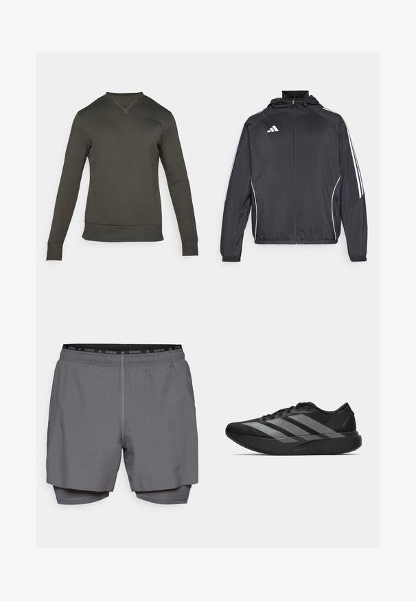 Giacca atletica nera con cappuccio, caratterizzata da strisce bianche lungo le maniche e chiusura con zip frontale. Realizzata in un tessuto liscio e leggero.; Felpa verde scuro a maniche lunghe, con polsini e orlo a costine. Presenta un collo rotondo e un semplice dettaglio del logo vicino alla spalla.; Pantaloncini da corsa grigi con vita elastica, fodera interna e cuciture a contrasto. Presentano un dettaglio logo sulla vita.; Scarpe sportive nere con un design leggero, caratterizzate da tre strisce grigie prominenti, una superficie liscia e una suola sagomata.