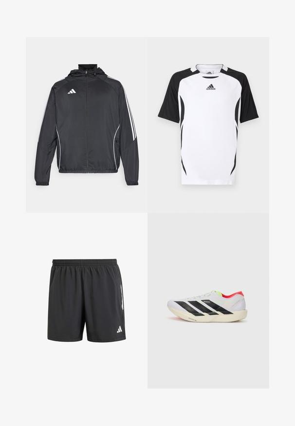 Svart sportsjakke med hette, med hvite striper langs ermene og glidelås foran. Laget av et glatt, lett stoff.; T-skjorte med korte ermer fra Adidas i hvitt med svarte detaljer. Har rund hals, vertikal struktur og sidedetaljer for en atletisk passform.; Sorte treningsshorts med elastisk midjebånd, kort innersøm, og hvite logo-detaljer på sidene. Laget av lett materiale.; Hvite joggesko med svarte striper, neongrønne detaljer og rød hæl. Har et lett design og teksturert såle for grep.