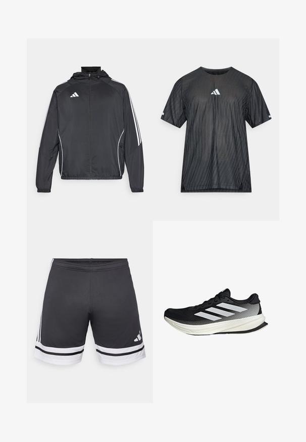 Crna atletska jakna s kapuljačom, s bijelim prugama duž rukava i zatvaranjem na zip. Izrađena od glatkog, laganog materijala.; Crna atletska majica kratkih rukava s teksturiranim dijagonalnim prugama i bijelim Adidas logotipom na prsima i rukavima.; Crne atletske kratke hlače od glatkog materijala. Imaju bijele pruge na rubu i sa strana. Elastična traka u struku za udobnost. Logo na donjem dijelu.; Crna atletska cipela s mrežastim dizajnom, koja ima bijele pruge, zaobljeni vrh i teksturiranu potplate za prianjanje i potporu.