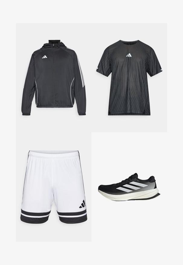 Crna atletska jakna s kapuljačom, s bijelim prugama duž rukava i zatvaranjem na zip. Izrađena od glatkog, laganog materijala.; Crna atletska majica kratkih rukava s teksturiranim dijagonalnim prugama i bijelim Adidas logotipom na prsima i rukavima.; Bijele atletske hlače s crnim horizontalnim prugama na rubu i crnim Adidas logotipom. Elastični pojas za prilagodljivo pristajanje.; Crna atletska cipela s mrežastim dizajnom, koja ima bijele pruge, zaobljeni vrh i teksturiranu potplate za prianjanje i potporu.