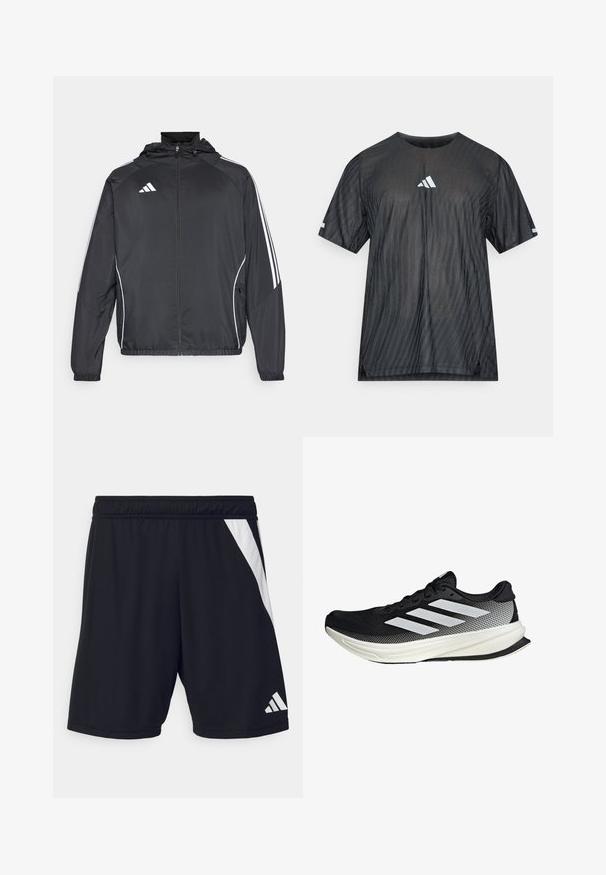 Schwarze Sportjacke mit Kapuze, ausgestattet mit weißen Streifen an den Ärmeln und einem Reißverschluss vorne. Hergestellt aus einem glatten, leichten Stoff.; Schwarzes athletisches T-Shirt mit kurzen Ärmeln, das ein strukturiertes diagonales Streifenmuster sowie ein weißes Adidas-Logo auf Brust und Ärmeln zeigt.; Schwarze Sportshorts mit einem elastischen Taillenbund, die auf der linken Seite einen diagonalen weißen Streifen und ein weißes Logo-Detail in der unteren rechten Ecke haben.; Schwarzer Sportschuh mit einem Mesh-Design, ausgestattet mit weißen Streifen, einer runden Zehenpartie und einer strukturierten Sohle für Grip und Unterstützung.
