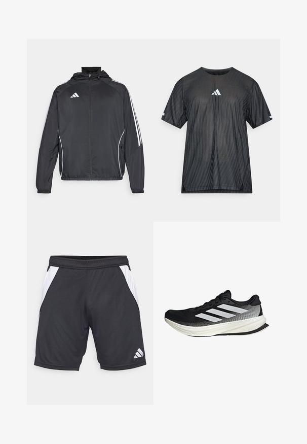 Black athletic jacket with a hood, featuring white stripes along the sleeves and a zippered front. Made from a smooth, lightweight fabric.; Black athletic t-shirt with short sleeves, featuring a textured diagonal stripe pattern and a white Adidas logo on the chest and sleeves.; Black athletic shorts made of lightweight fabric with white side panels and an Adidas logo on the lower right. Elastic waistband included.; Black athletic shoe with a mesh design, featuring white stripes, a rounded toe, and a textured sole for grip and support.