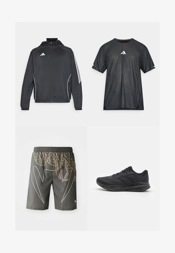 Juodas sportinis džemperis su kapišonu, turintis baltas juosteles palei rankoves ir užtrauktuką priekyje. Pagamintas iš lygaus, lengvo audinio.; Juoda sportinė marškinėliai trumpomis rankovėmis, su tekstūruotu įstrižu dryžuotu raštu ir baltu Adidas logotipu ant krūtinės ir rankovių.; Pilkos sportinės šortai su gyvatės odos raštu, papildyta smėline ir balta akcentais. Elastingas juosmuo, iki kelių, lengvas audinys.; Juodos sportinės bateliai su tinklo viršumi, guminėmis padangomis, tekstūruotu dizainu ir trimis juostelėmis šone. Putų amortizacija komfortui.