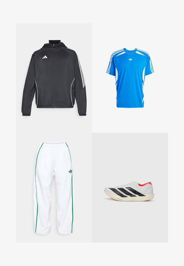 Fekete sportos dzseki kapucnival, fehér csíkokkal az ujjak mentén és cipzáras elülső résszel. Simább, könnyű anyagból készült.; Kék sportpóló légáteresztő anyagból, fehér részletekkel, három fehér csíkkal az ujjain, és egy kis logóval a mellrészen.; Fehér tréningnadrág zöld oldalsávokkal, elasztikus derékkal és két cipzáras zsebbel. Simább, könnyű anyagból készült.; Fehér futócipő fekete csíkokkal, neon zöld részletekkel és piros sarokkal. Könnyű dizájnnal és texturált talppal rendelkezik a tapadás érdekében.