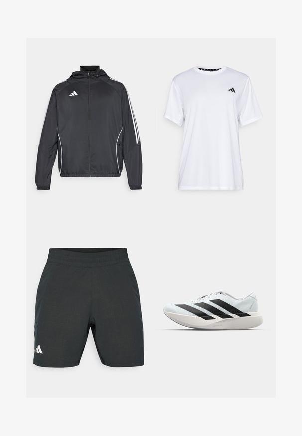 Juodas sportinis džemperis su kapišonu, turintis baltas juosteles palei rankoves ir užtrauktuką priekyje. Pagamintas iš lygaus, lengvo audinio.; Balta sportinė marškinėliai trumpomis rankovėmis, pagaminti iš drėgmę šalinančios medžiagos. Kairėje krūtinės pusėje yra juodas logotipas, o apykaklės viduje yra raštuotas dizainas.; Juodos sportinės šortai su tekstūruotu raštu, elastinga juosta ir šoninėmis kišenėmis. Yra baltas logotipas apatinėje kairėje pusėje.; Lengvi bėgimo batai šviesiai mėlynos spalvos su juodomis juostelėmis. Yra lygus viršus, apvalus pirštas ir storas baltas vidpadis su užrašu "LIGHTSTRIKE PRO."