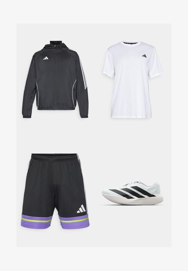 Zwarte sportjack met capuchon, voorzien van witte strepen langs de mouwen en een ritssluiting aan de voorkant. Gemaakt van een gladde, luchtige stof.; Witte sport T-shirt met korte mouwen, gemaakt van vochtafvoerende stof. Heeft een zwart logo op de linkerkant van de borst en een gemusterde binnenhals.; Zwarte sportshorts met een paarse en groene streep aan de zoom, voorzien van een elastische tailleband en het Adidas-logo in het wit.; Lichte hardloopschoenen in lichtblauw met zwarte strepen. Beschikt over een soepele bovenkant, ronde neusstuk en dikke witte tussenzool met het label "LIGHTSTRIKE PRO."