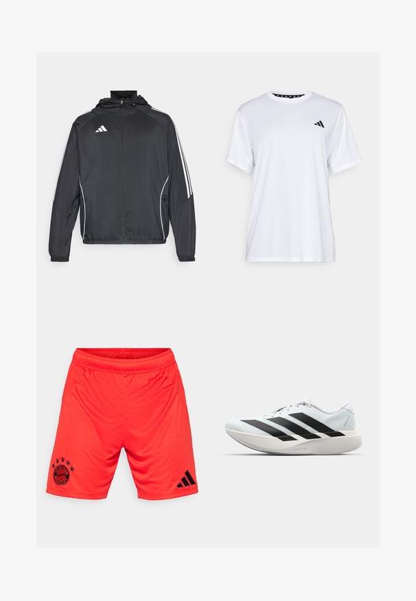 Crna atletska jakna s kapuljačom, s bijelim prugama duž rukava i zatvaranjem na zip. Izrađena od glatkog, laganog materijala.; Bijela atletska majica kratkih rukava, napravljena od tkanine koja upija vlagu. Ima crni logo na lijevoj strani prsiju i uzorčeni unutarnji obrub dekoltea.; adidas Performance FC BAYERN M�NCHEN HOME SHORT - Klupska odjeća - red; Lagane tenisice za trčanje u svijetloplavoj boji s crnim trakama. Imaju glatku gornju površinu, okrugli vrh i debeli bijeli srednji sloj označen "LIGHTSTRIKE PRO."