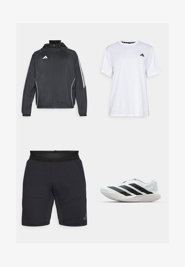 Melnā sporta jaka ar kapuci, ar baltām svītrām pa piedurknēm un ar rāvējslēdzēju priekšpusē. Izgatavota no gludas, vieglas auduma.; Balts sporta T-krekls ar īsām piedurknēm, izgatavots no mitrumu absorbējoša auduma. Tam ir melns logo kreisajā krūtī un rakstains iekšējais apkakles piegriezums.; Melni sporta šorti, kas izgatavoti no viegla auduma, ar elpojošu acu jostu, sānu šuvēm un diskrētu logotipu pie apakšmales.; Gaiši zili vieglie skriešanas apavi ar melniem svītrainiem. Iezīmēti ar gludu augšpusi, apaļu purngalu un biezāko balto vidējo zoli, kurā ir uzraksts "LIGHTSTRIKE PRO."