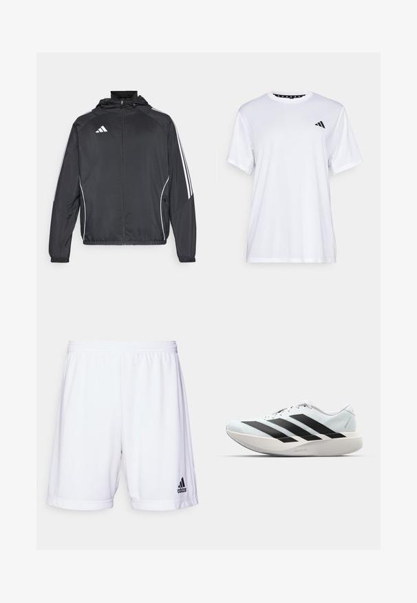 Black athletic jacket with a hood, featuring white stripes along the sleeves and a zippered front. Made from a smooth, lightweight fabric.; White athletic t-shirt with short sleeves, made from moisture-wicking fabric. Features a black logo on the left chest and a patterned interior neckline.; White athletic shorts with an elastic waistband, made from a smooth fabric. Features a black Adidas logo on the lower left side.; Lightweight running shoes in pale blue with black stripes. Features a smooth upper, round toe, and thick white midsole labeled "LIGHTSTRIKE PRO."