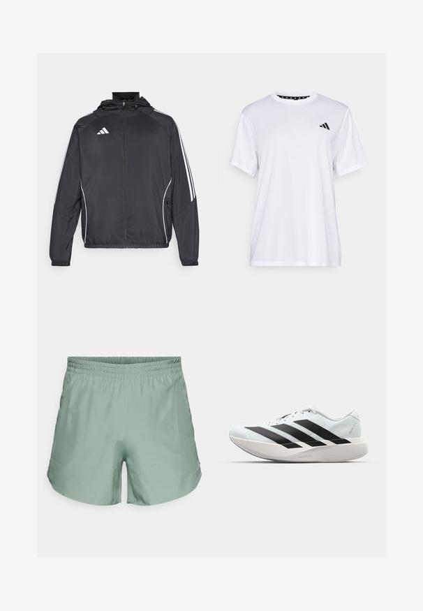 Svart sportsjakke med hette, med hvite striper langs ermene og glidelås foran. Laget av et glatt, lett stoff.; Hvit trenings T-skjorte med korte ermer, laget av fukttransporterende stoff. Har en svart logo på venstre bryst og et mønstrete innvendig halsåpning.; Lyse grønne treningsshorts med elastisk liv, laget av glatt stoff, med en subtil logo på den nedre siden.; Lette løpesko i lys blå med svarte striper. Har en myk overdel, rund tå og tykk hvit mellomsole merket "LIGHTSTRIKE PRO."