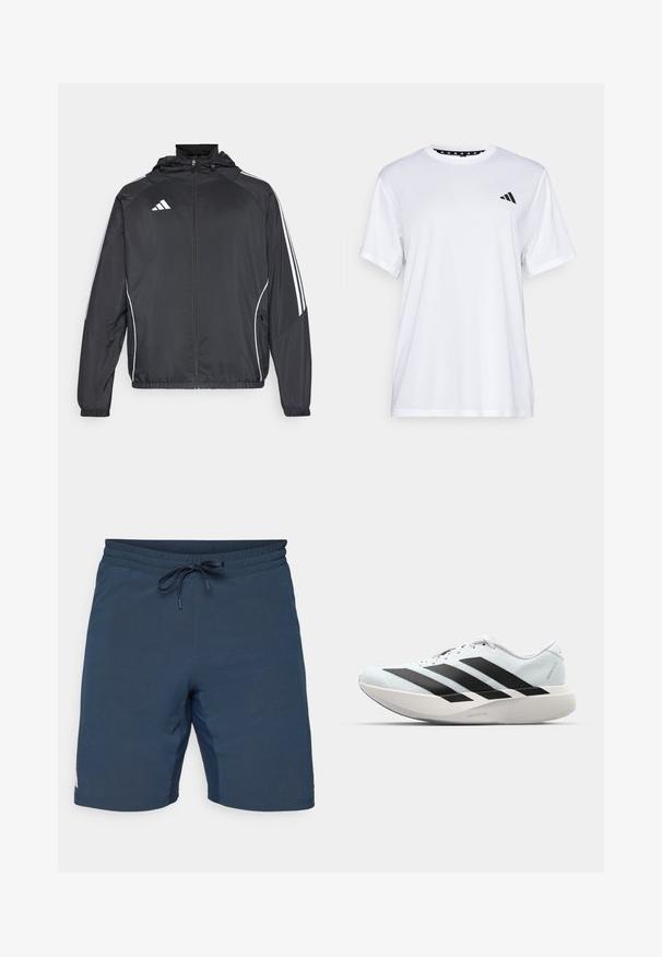 Must värvi sportlik jakk kapuutsiga, millel on valged triibud varrukatel ja lukuga esiosa. Valmistatud siledast, kergest kangast.; Valge sportlik T-särk lühikeste varrukatega, valmistatud niiskust eemaldavast kangast. Ees on must logo vasakul rinnal ja soe mustriline kaelaosa.; adidas Performance TENNIS ERGO - Spordišortsid - aurora ink; Kerged jooksujalatsid helesinises värvuses mustade triipudega. Omavad siledat pealispinda, ümarat varvase osa ja paksu valget vahemõõtu, millel on silt "LIGHTSTRIKE PRO".