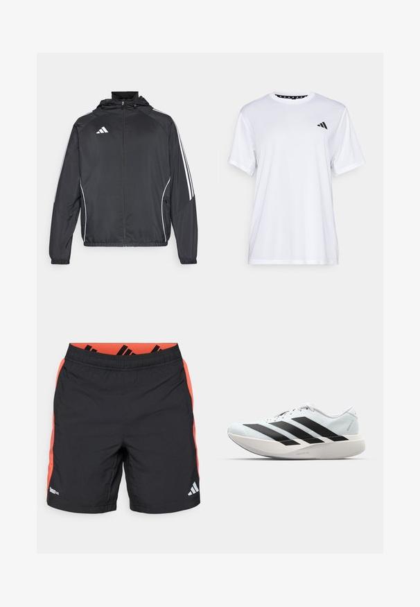 Černá sportovní bunda s kapucí, s bílými pruhy podél rukávů a s předním zipem. Vyrobena z hladkého, lehkého materiálu.; Bílý sportovní tričko s krátkými rukávy, vyrobené z materiálu odvádějícího vlhkost. Na levé straně hrudi se nachází černé logo a vnitřní límec je vzorovaný.; Černé sportovní šortky s oranžovými bočními panely, elastickým pasem a reflexní logem Adidas na pravé noze, štítek s Climacool látkou na levé straně.; Lehké běžecké boty v světle modré barvě s černými pruhy. Mají hladký svršek, kulatou špičku a silnou bílou mezipodešev označenou "LIGHTSTRIKE PRO."