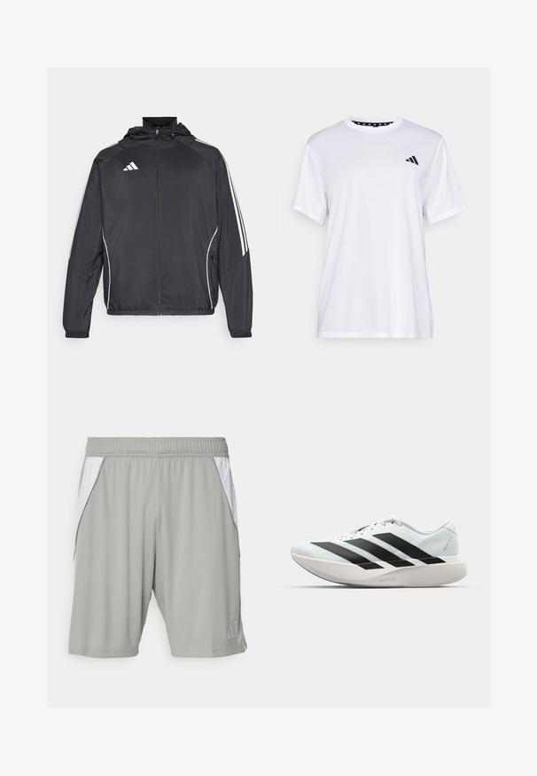 Černá sportovní bunda s kapucí, s bílými pruhy podél rukávů a s předním zipem. Vyrobena z hladkého, lehkého materiálu.; Bílý sportovní tričko s krátkými rukávy, vyrobené z materiálu odvádějícího vlhkost. Na levé straně hrudi se nachází černé logo a vnitřní límec je vzorovaný.; Šedé sportovní šortky vyrobené z lehkého materiálu, s bílými postranními panely, elastickým pasem a malým logem v dolním rohu.; Lehké běžecké boty v světle modré barvě s černými pruhy. Mají hladký svršek, kulatou špičku a silnou bílou mezipodešev označenou "LIGHTSTRIKE PRO."