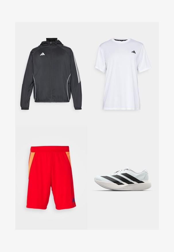 Black athletic jacket with a hood, featuring white stripes along the sleeves and a zippered front. Made from a smooth, lightweight fabric.; White athletic t-shirt with short sleeves, made from moisture-wicking fabric. Features a black logo on the left chest and a patterned interior neckline.; Red athletic shorts with an elastic waistband, featuring orange side panels and a blue logo on the lower left side. Smooth textile finish.; Lightweight running shoes in pale blue with black stripes. Features a smooth upper, round toe, and thick white midsole labeled "LIGHTSTRIKE PRO."