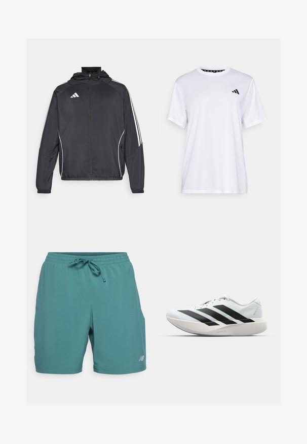 Must värvi sportlik jakk kapuutsiga, millel on valged triibud varrukatel ja lukuga esiosa. Valmistatud siledast, kergest kangast.; Valge sportlik T-särk lühikeste varrukatega, valmistatud niiskust eemaldavast kangast. Ees on must logo vasakul rinnal ja soe mustriline kaelaosa.; New Balance ESSENTIALS - Spordišortsid - new spruce; Kerged jooksujalatsid helesinises värvuses mustade triipudega. Omavad siledat pealispinda, ümarat varvase osa ja paksu valget vahemõõtu, millel on silt "LIGHTSTRIKE PRO".