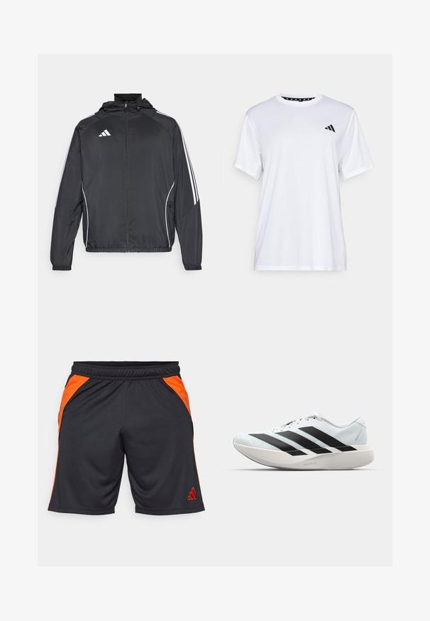 Crna atletska jakna s kapuljačom, s bijelim prugama duž rukava i zatvaranjem na zip. Izrađena od glatkog, laganog materijala.; Bijela atletska majica kratkih rukava, napravljena od tkanine koja upija vlagu. Ima crni logo na lijevoj strani prsiju i uzorčeni unutarnji obrub dekoltea.; Crne atletske kratke hlače izrađene od prozračnog materijala, s narančastim bočnim panelima i izvezenim crvenim logom na donjoj lijevoj nozi.; Lagane tenisice za trčanje u svijetloplavoj boji s crnim trakama. Imaju glatku gornju površinu, okrugli vrh i debeli bijeli srednji sloj označen "LIGHTSTRIKE PRO."