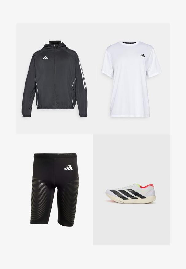Czarna sportowa kurtka z kapturem, z białymi paskami wzdłuż rękawów i zasuwanym przodem. Wykonana z gładkiego, lekkiego materiału.; Biała koszulka sportowa z krótkim rękawem, wykonana z materiału odprowadzającego wilgoć. Posiada czarne logo na lewej piersi oraz wzorzystą podszewkę kołnierza.; Czarne spodenki sportowe z elastycznym dopasowaniem, z połyskującym wzorem fal na bokach oraz białym logo na pasku.; Białe buty biegowe z czarnymi paskami, neonowozielonymi akcentami i czerwoną piętą. Posiadają lekką konstrukcję oraz teksturowaną podeszwę zapewniającą przyczepność.