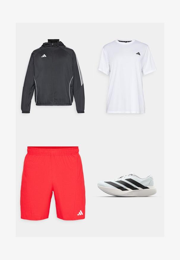 Czarna sportowa kurtka z kapturem, z białymi paskami wzdłuż rękawów i zasuwanym przodem. Wykonana z gładkiego, lekkiego materiału.; Biała koszulka sportowa z krótkim rękawem, wykonana z materiału odprowadzającego wilgoć. Posiada czarne logo na lewej piersi oraz wzorzystą podszewkę kołnierza.; Czerwone spodenki sportowe z elastycznym paskiem w talii, teksturowana tkanina i biały logo Adidas blisko dolnej krawędzi.; Lekkie buty do biegania w jasnoniebieskim kolorze z czarnymi pasami. Posiadają gładką cholewkę, okrągły nosek oraz grubą białą podeszwę środkową oznaczoną "LIGHTSTRIKE PRO."